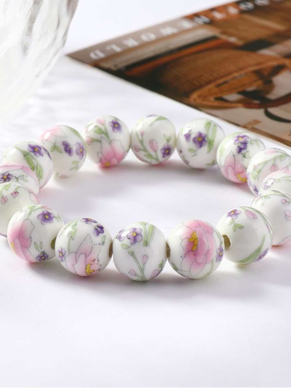 Delicate Porcelain Floral Bead Bracelet - Pink & Purple